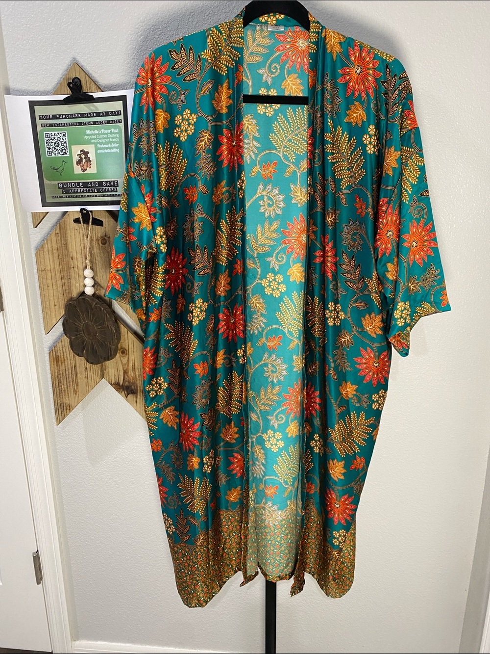 SILK Teal Floral Kimono Duster with Gold Accents OS